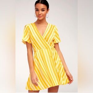 Lulu’s Sun Times Yellow Striped Wrap Dress Yellow Striped Wrap Mini Dress XS